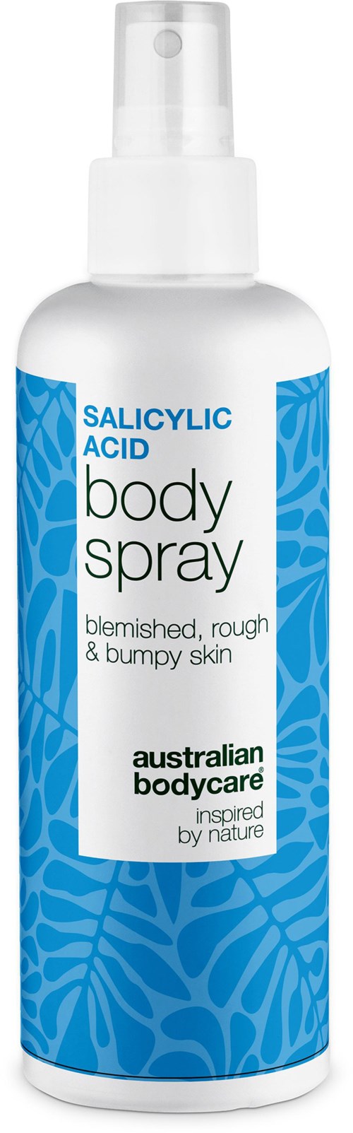 Eine weiße Sprühflasche mit der Aufschrift 'Salicylsäure Körperspray' für raue Haut. Vom Australian Bodycare.