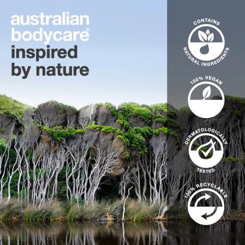 Australian Bodycare natural ingredients logo with a nature-inspired background and icons for vegan, dermatologically tested, and recyclable.