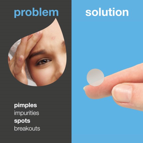 A diagram showing skin problems like pimples, impurities, and spots on one side, and a hand with a pill on the other.