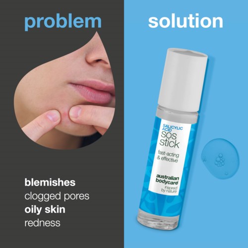 A split image shows skin problems on one side and a salicylic acid gel on the other as a solution.