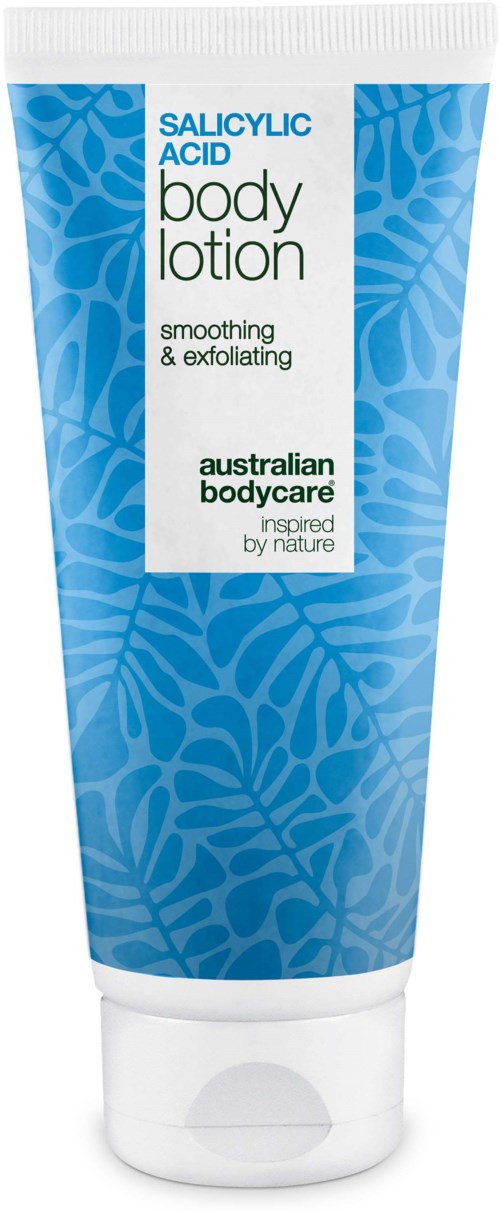 Blauer Tube mit weißem Deckel, enthält Salicylsäure Bodylotion, fördert Glätte und Peeling, Markenname Australian Bodycare.