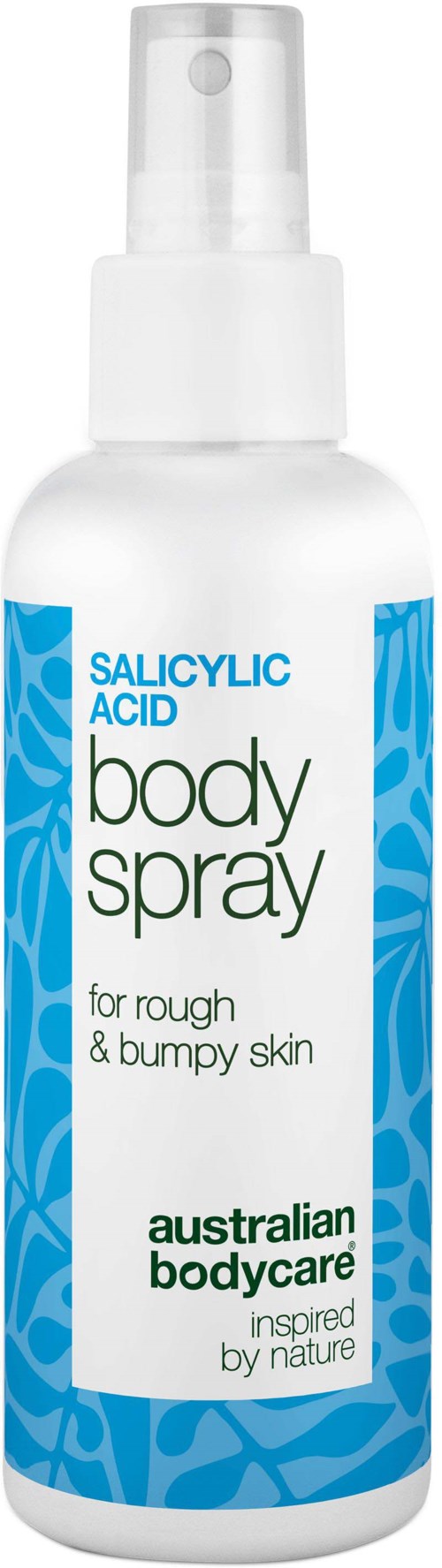 Eine weiße Sprühflasche mit der Aufschrift 'Salicylsäure Body Spray' für raue Haut, mit blauer und grüner Schrift.