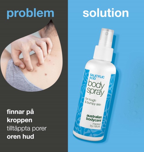 Illustration von Akneproblem und Körperspray-Lösung für raue, unebene Haut mit klarem Text.