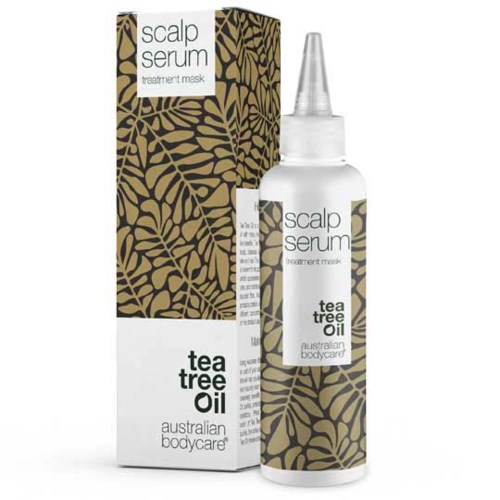 Een hoofdhuidserumbehandeling masker fles en doos met tea tree olie, groene bladpatroon en witte labels voor Australische verzorging.