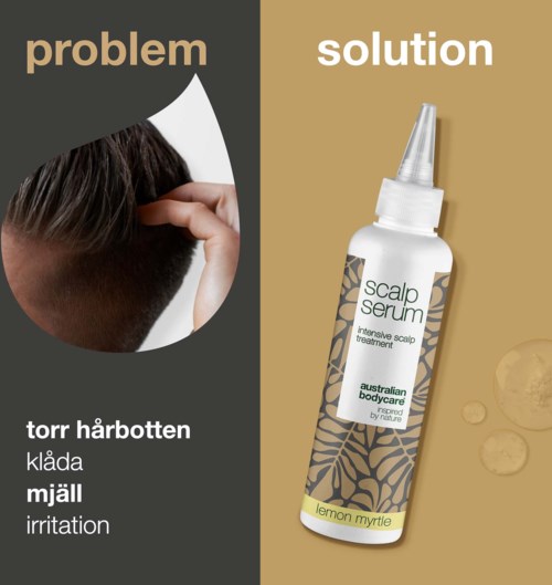 A hair problem and solution comparison with a scalp serum bottle and a person's head showing irritation.