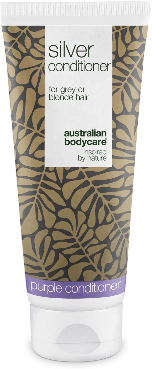 Australian Bodycare hopeahoitoaine harjatuille tai vaaleille hiuksille, lila etiketti ja lehtikuvio.