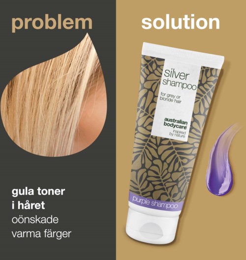 Ett hårproblem visas till vänster och ett silver schampo för blont hår till höger.