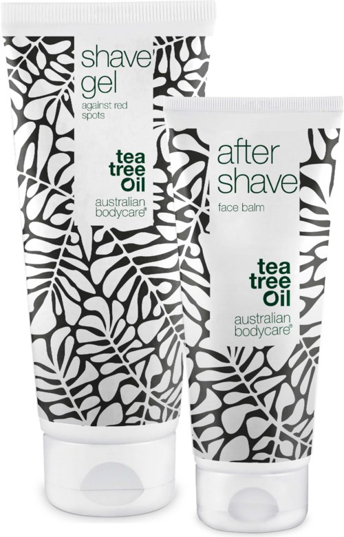 Two tubes of Australian bodycare products with black and white leaf patterns, labeled "shave gel" and "after shave face balm".