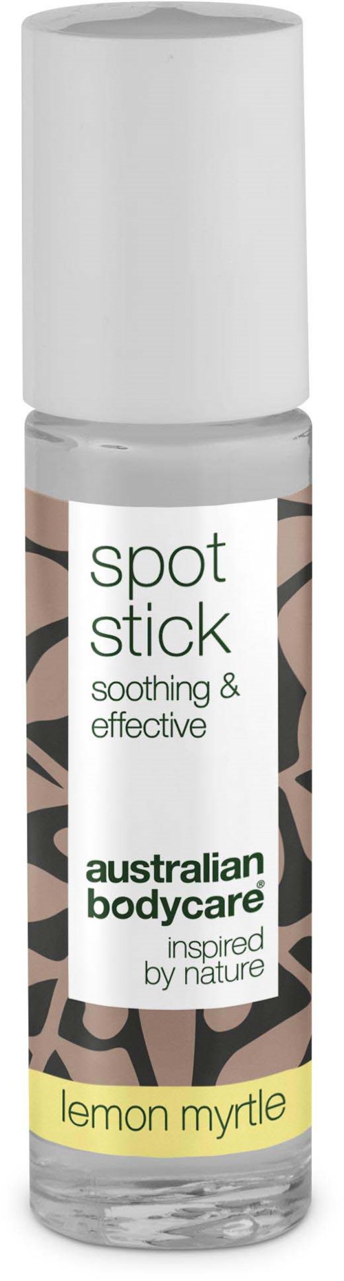 Läpinäkyvä roll-on pullo, jossa lukee 'spot stick' ja tuoksu lemon myrtle, Australian Bodycare, rauhoittamaan ihoa.