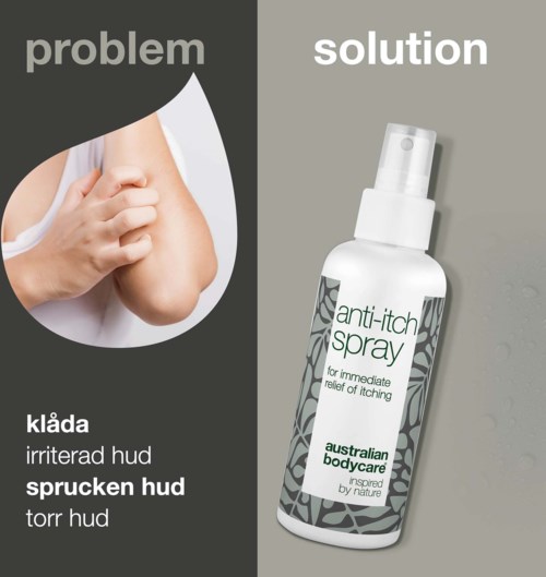 Et delt bilde som viser en persons kløende arm til venstre og en anti-klø spray til høyre for lindring.