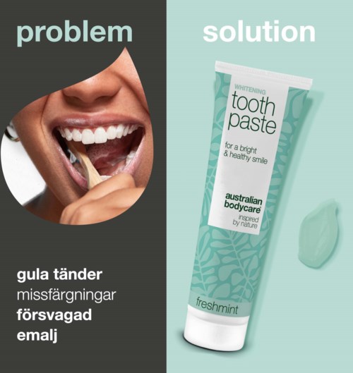 Deling bilde viser en smilende person med tannproblemer på den ene siden og tannkrem på den andre.