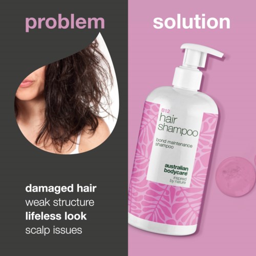 Gesplitst beeld met beschadigd haar en een fles shampoo voor herstel en verzorging.