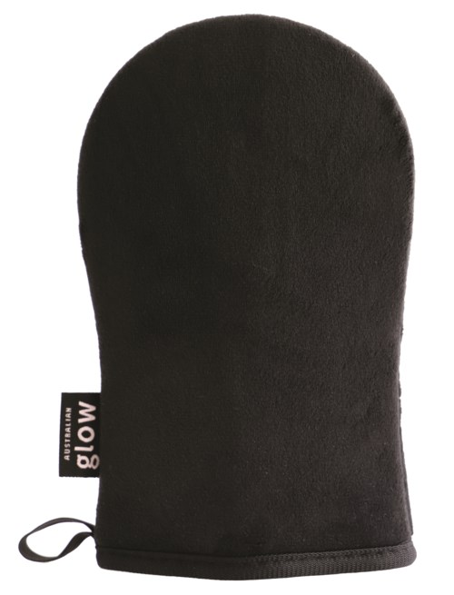 A black oven mitt with a loop tag showing the word 'Glow'. It has a soft, textured surface for handling hot items.