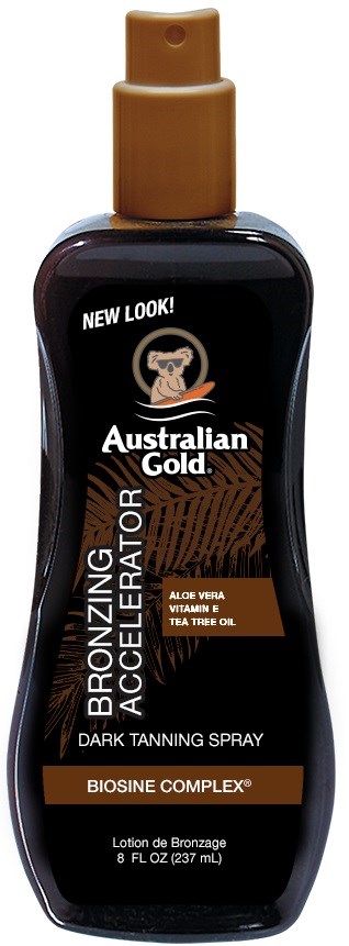 Een donker sprayfles met een beige spraydop, gelabeld 'Australian Gold', promoten tanning en bronzing spray met 'Nieuwe Look!'.