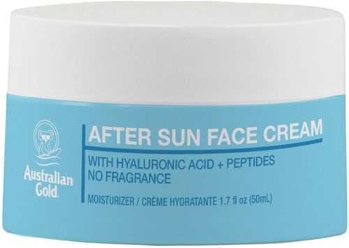 Blå og hvit ansiktskrembeholder merket After Sun Face Cream med hyaluronsyre og peptider.