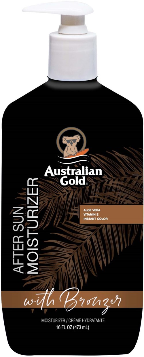 Australian Gold after sun fuktighetskrem med bronzer i flaske med pumpe. Har et brunt blad og hvit tekst.