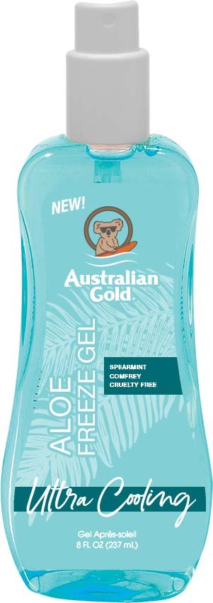 Eine blaue Aloe Vera Gel-Flasche mit weißen Deckel, Australian Gold Ultra Cooling-Label und einer Koala-Logo.