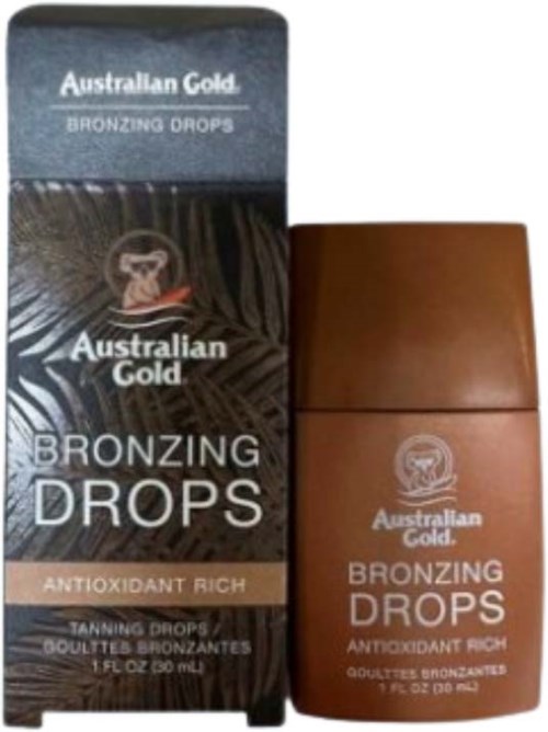 Australian Gold-bronzingsdrops i brun beholder med merke og produktnavn.