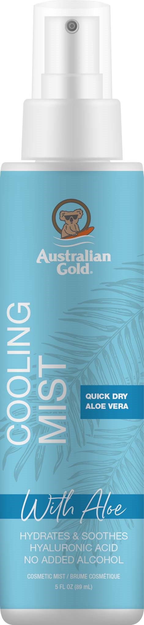 Australian Gold avkjølende mistsprayflaske med aloe vera, gir fukt og beroliger, med hvit pumpe og lyseblå etikett.