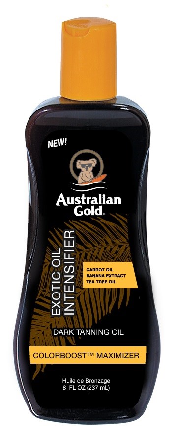 Flesje donker tanning olie met gele dop, gemarkeerd Australian Gold Exotic Oil met wortel- en bananextract.