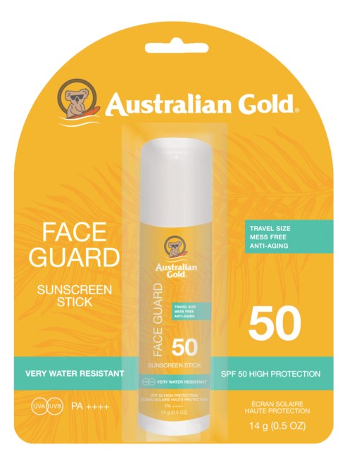 Een zonnebrandstick in een gele verpakking met wit en blauw label, met SPF 50, Australian Gold-logo en tekst.