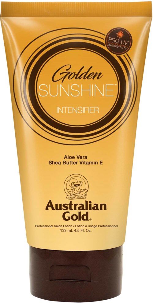 Yellow and black sunscreen lotion tube with brand name, ingredients, and logo. Contains aloe vera, shea butter, and vitamin E.