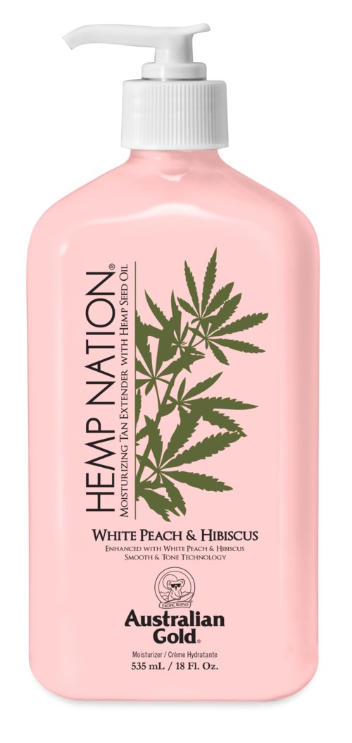 Roze fles met witte pomp, grote hennebladeren op label, tekst noemt hemp nation, witte perzik en hibiscus.