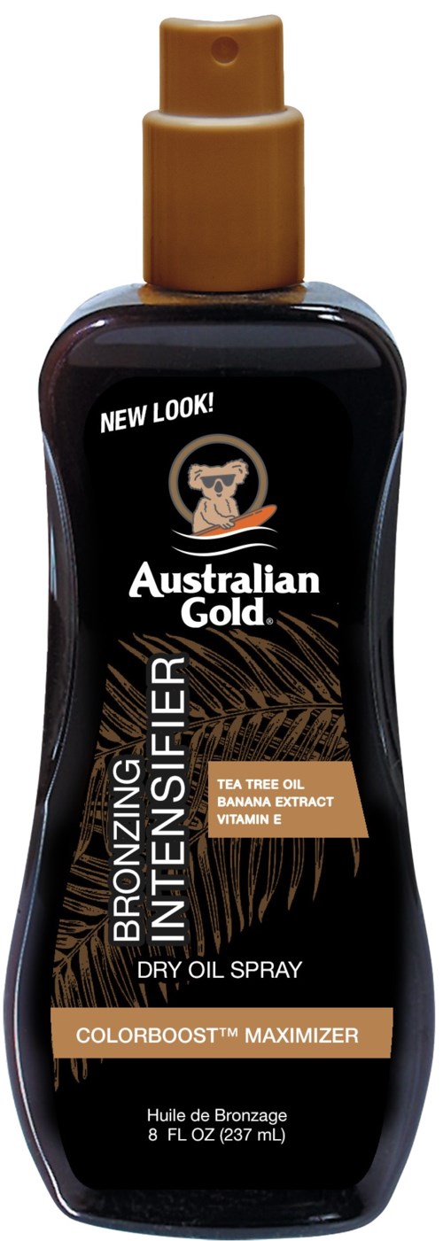 Een zwart flesje met gouden spraydop, gelabeld Australian Gold bruinversterker, en vermeldt tea tree olie en bananenextract.