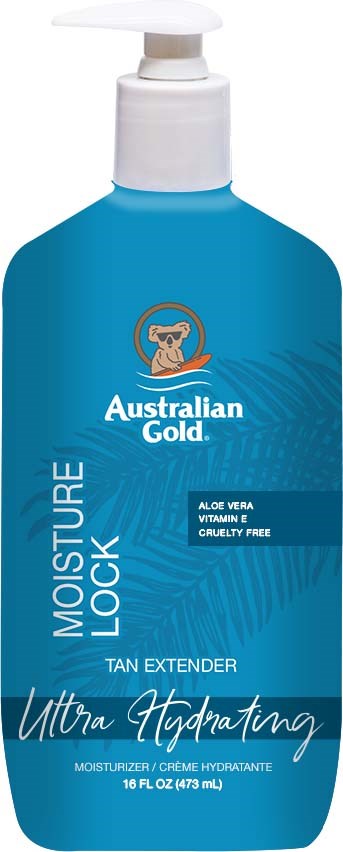 Sininen pullo Australian Gold -kosteuslukituisesta voiteesta, jossa on pumppu, ja merkintä kosteuden lukko, auringonoton jatkoaine aloe veralla ja vitamiinilla E.