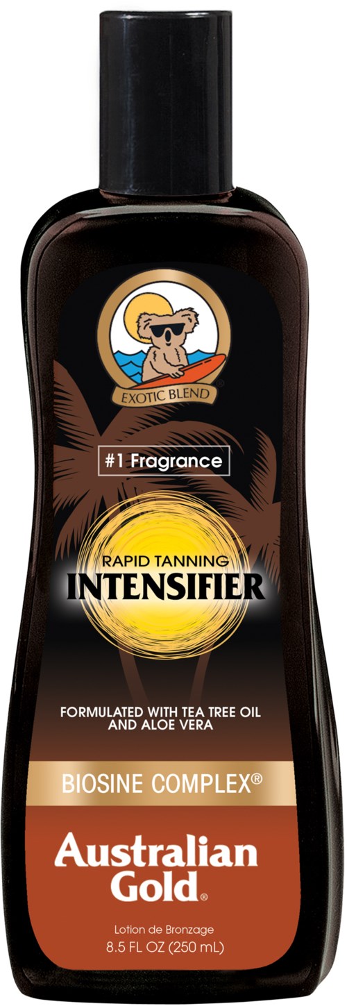 Een flesje met Aussie Gold, dat beweert je bruining te verbeteren met tea tree olie en aloe vera, in een donker kunststof fles.