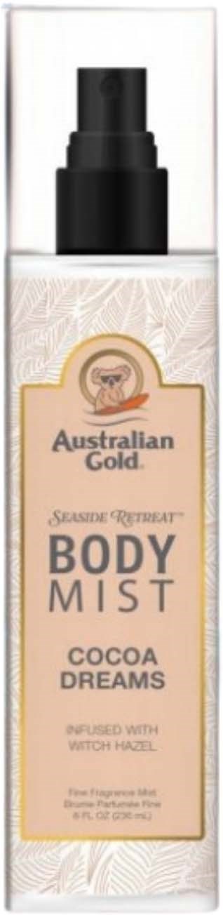 Australian Gold Body Mist Cocoa Dreams, sprayflaske med svart lokk, kremfarget etikett og gulldetaljer.