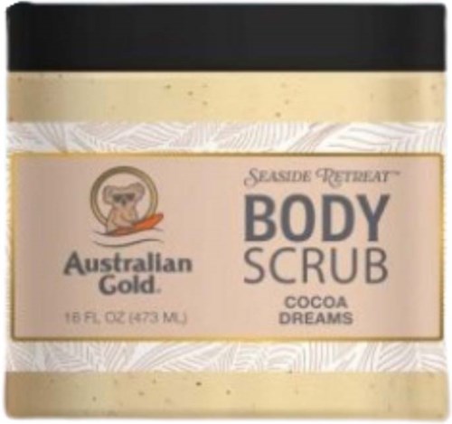 Et glass med Australian Gold kroppsskrubb med kakosmak, 16 unse, med svart lokk og beige etikett.