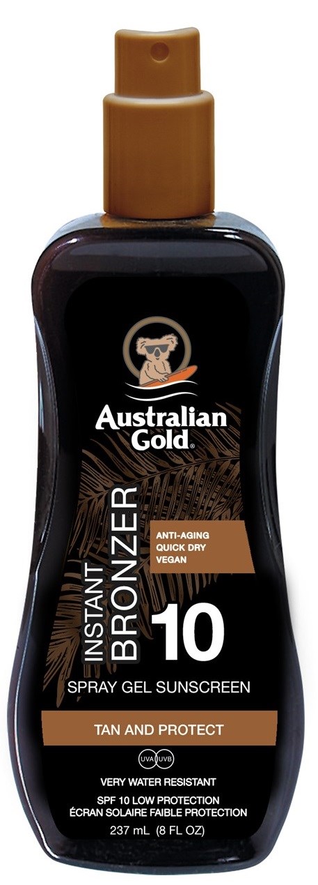 Fles Australian Gold Instant Bronzerspraygel Zonnebrandcrème met SPF 10, voor bruinen en bescherming.