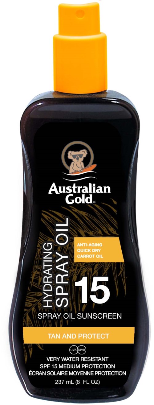 Een fles Australian Gold sprayolie met SPF 15, oranje spuitdop, zwarte fles en label dat huidbescherming aangeeft.