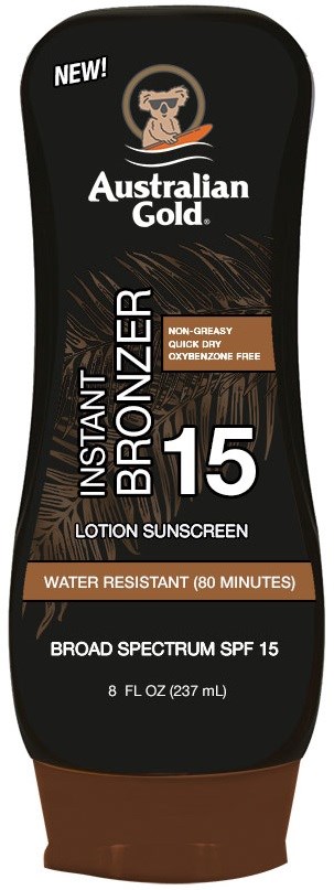 A bottle of Australian Gold Instant Bronzer sunscreen with SPF 15, water resistant for 80 minutes, in black and brown colors.