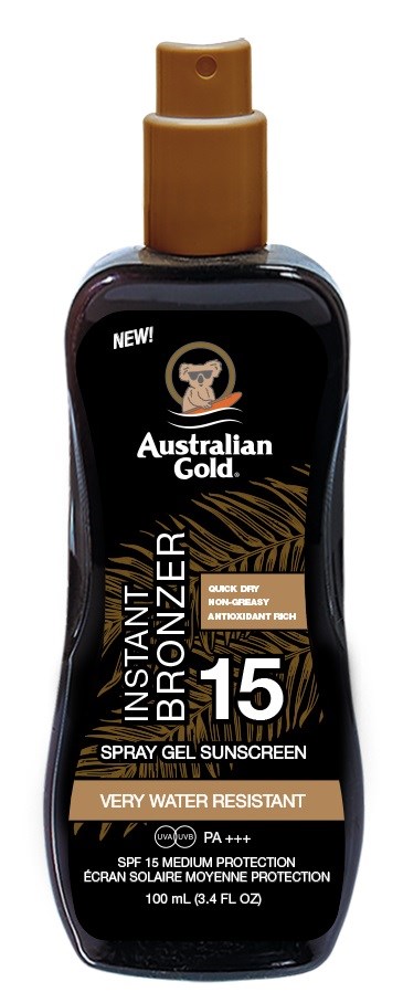 En svart sprayflaske med brun kork, merket Australian Gold solkrem med SPF 15, og et gullfarget design.