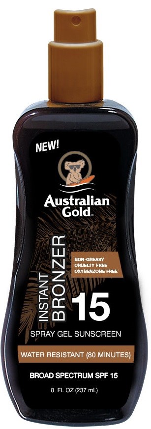 Butelka spray żelu do opalania Australian Gold Instant Bronzer SPF 15, wodoodporna na 80 minut, w ciemnym opakowaniu.