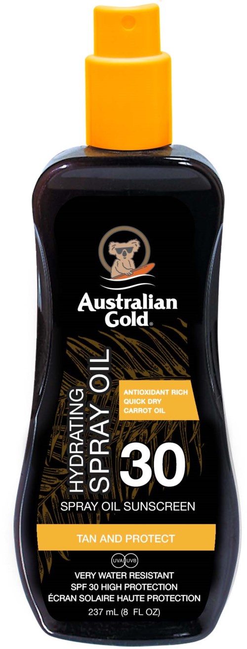 Een zwarte sprayfles met een gele dop, gelabeld Australian Gold SPF 30 zonnebrandcrème, voor tanning en bescherming.