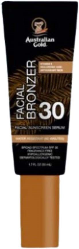 Ansiktssolkrem med SPF 30 i svart tube med brune detaljer fra Australian Gold.