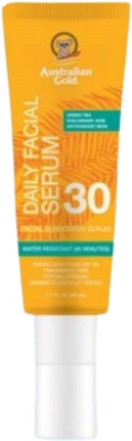 Australian Gold daglig ansiktsfaktor i en gul tube med hvit hette, SPF 30-merking i store hvite bokstaver.