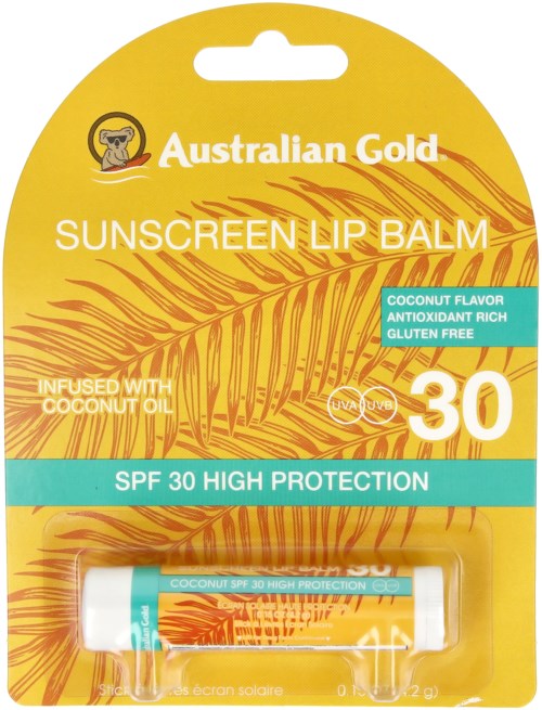 Gele verpakking van Australian Gold zonnebrandlipbalsem met SPF 30, kokosgeur, verrijkt met kokosolie.