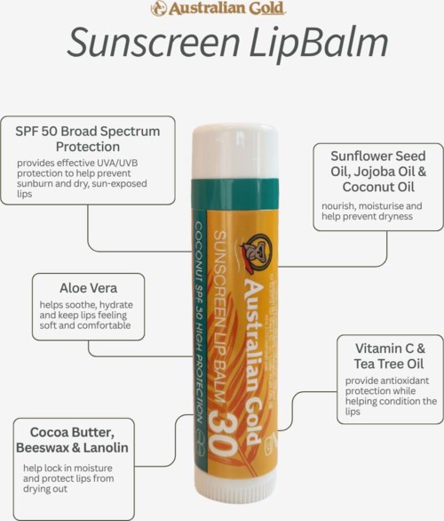 Lip balm with SPF 50, alcohol-free, containing sunflower seed oil, jojoba oil, coconut oil, aloe vera, vitamin C, and tea tree.