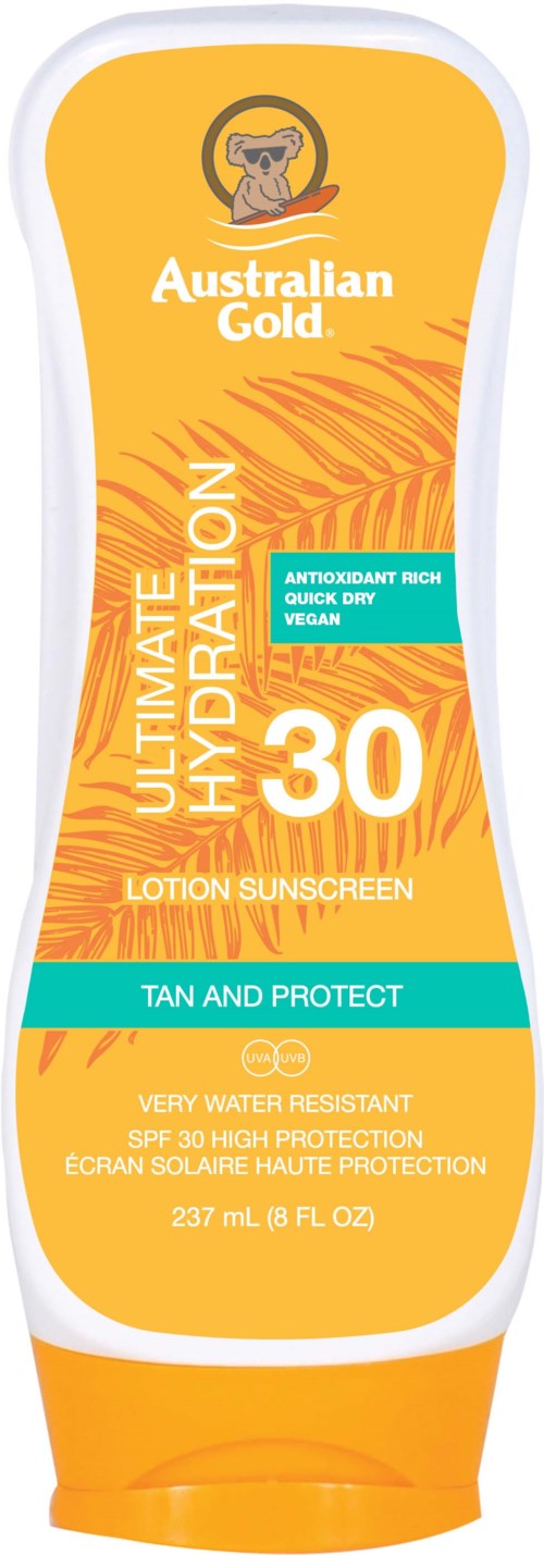 Een fles Australian Gold zonnebrandcrème met SPF 30, voor tanning en bescherming, veganistisch en waterbestendig.