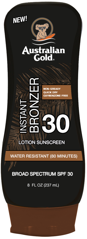 A sunscreen lotion bottle with a black and brown label, highlighting SPF 30, water resistance, and quick-drying features.