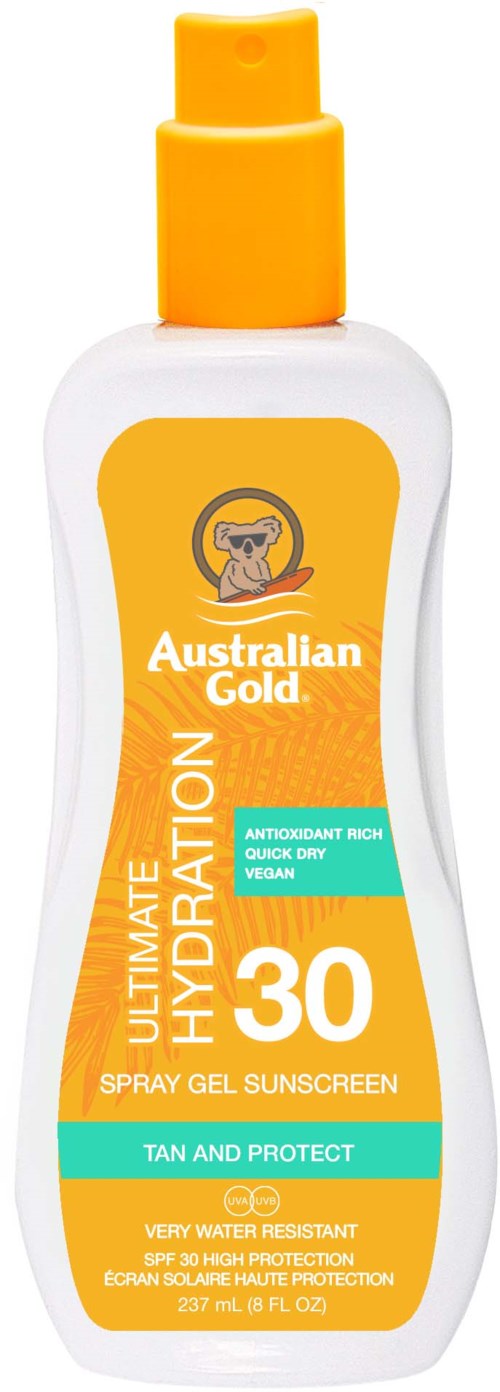 Een witte fles met oranje dop en label, toont zonnebrandcrème met SPF 30 van Australian Gold.