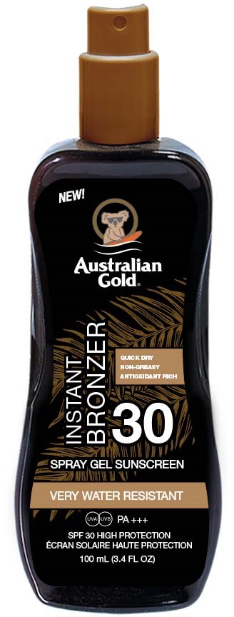 Een zwarte sprayfles zonnebrandcrème met een gouden dop, label zegt 'Australian Gold', SPF 30, waterbestendig.