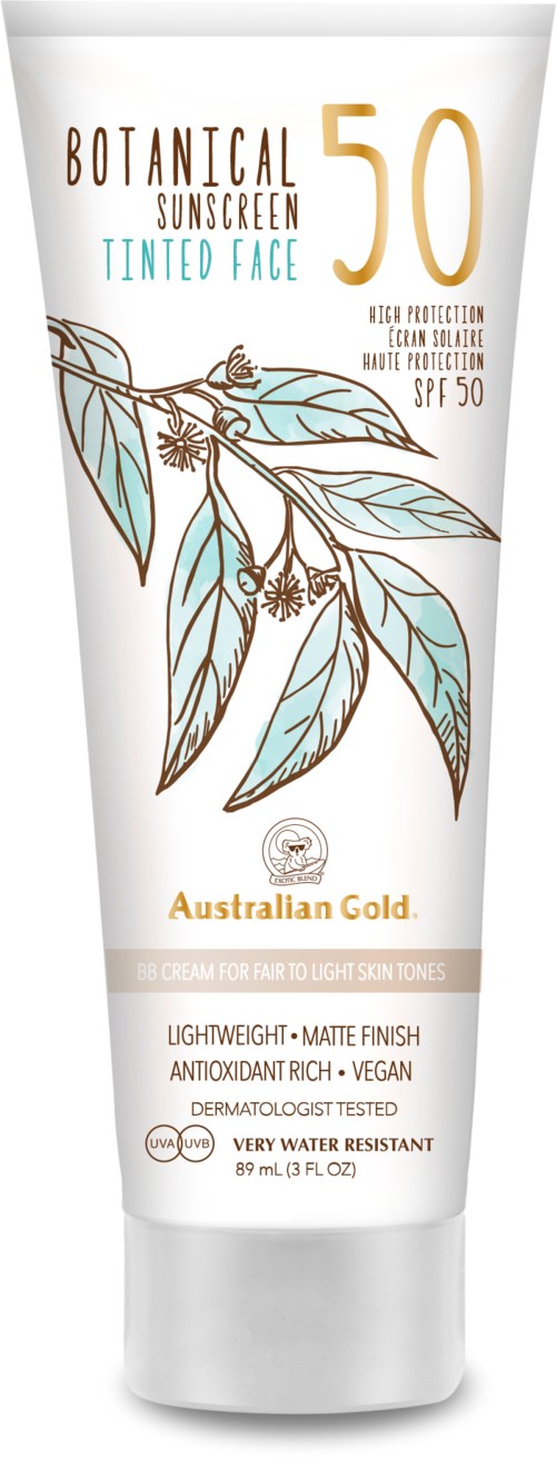 A white sunscreen tube with a botanical leaf illustration, SPF 50, labeled as vegan, lightweight, and water resistant.