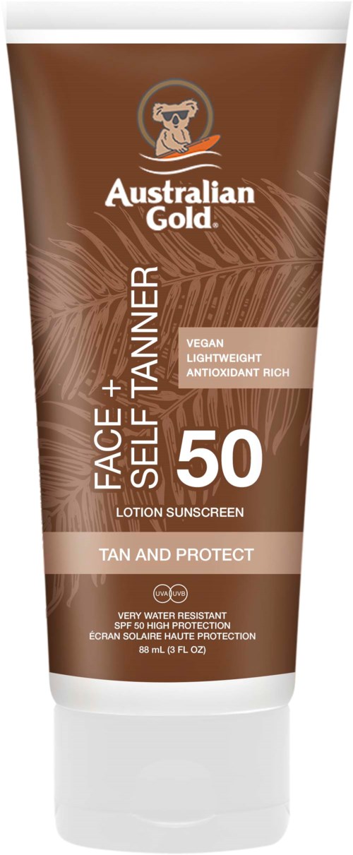 Bruine tube met Australian Gold zonnebrandcrème met SPF 50, voor gezicht en zelfbruin, met een kangoeroe en palmbladeren.