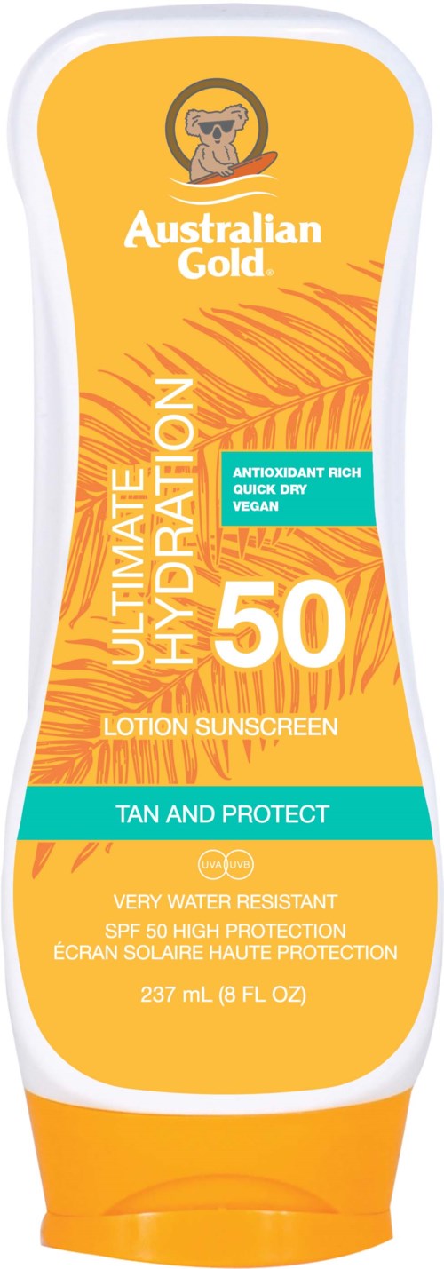 Zonnebrandcrème fles met gele en oranje label, SPF 50, 'Australian Gold' genoemd, beschermt de huid.