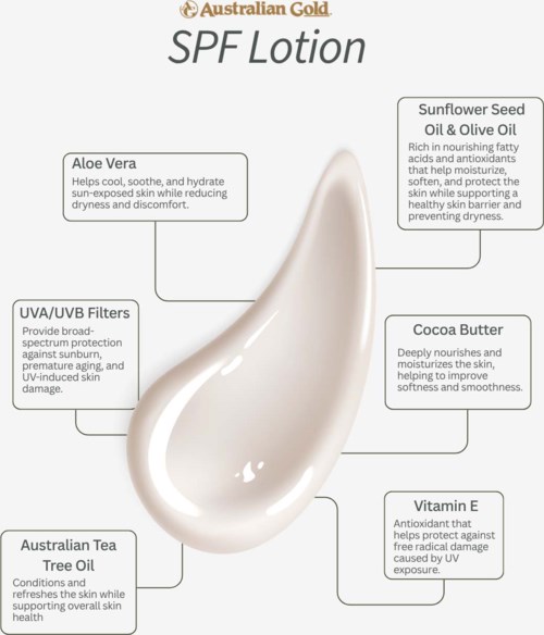 Label with information about SPF lotion ingredients and benefits, including aloe vera, sunflower seed oil, cocoa butter, vitamin E, and filters.